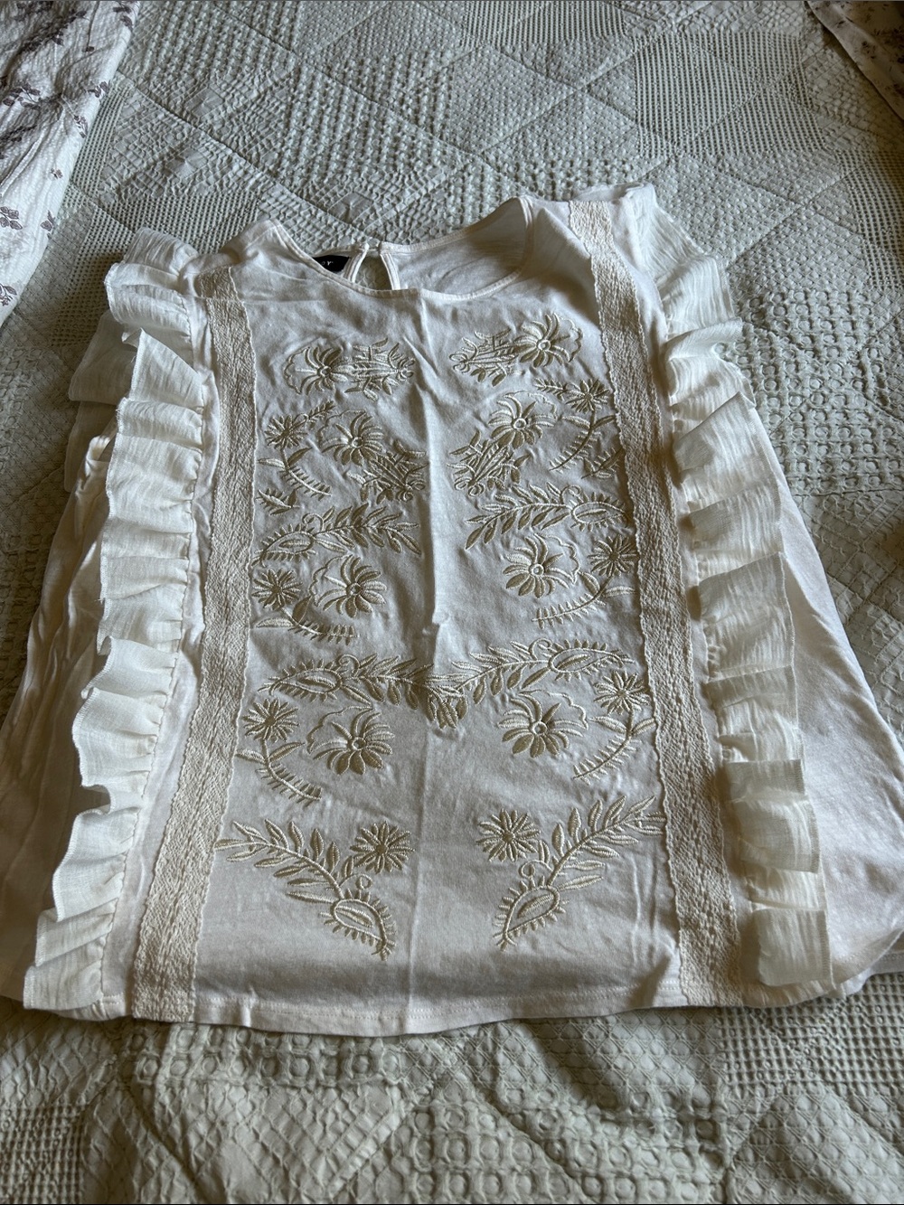 Studio Y Cream Ruffled Embroidered Blouse